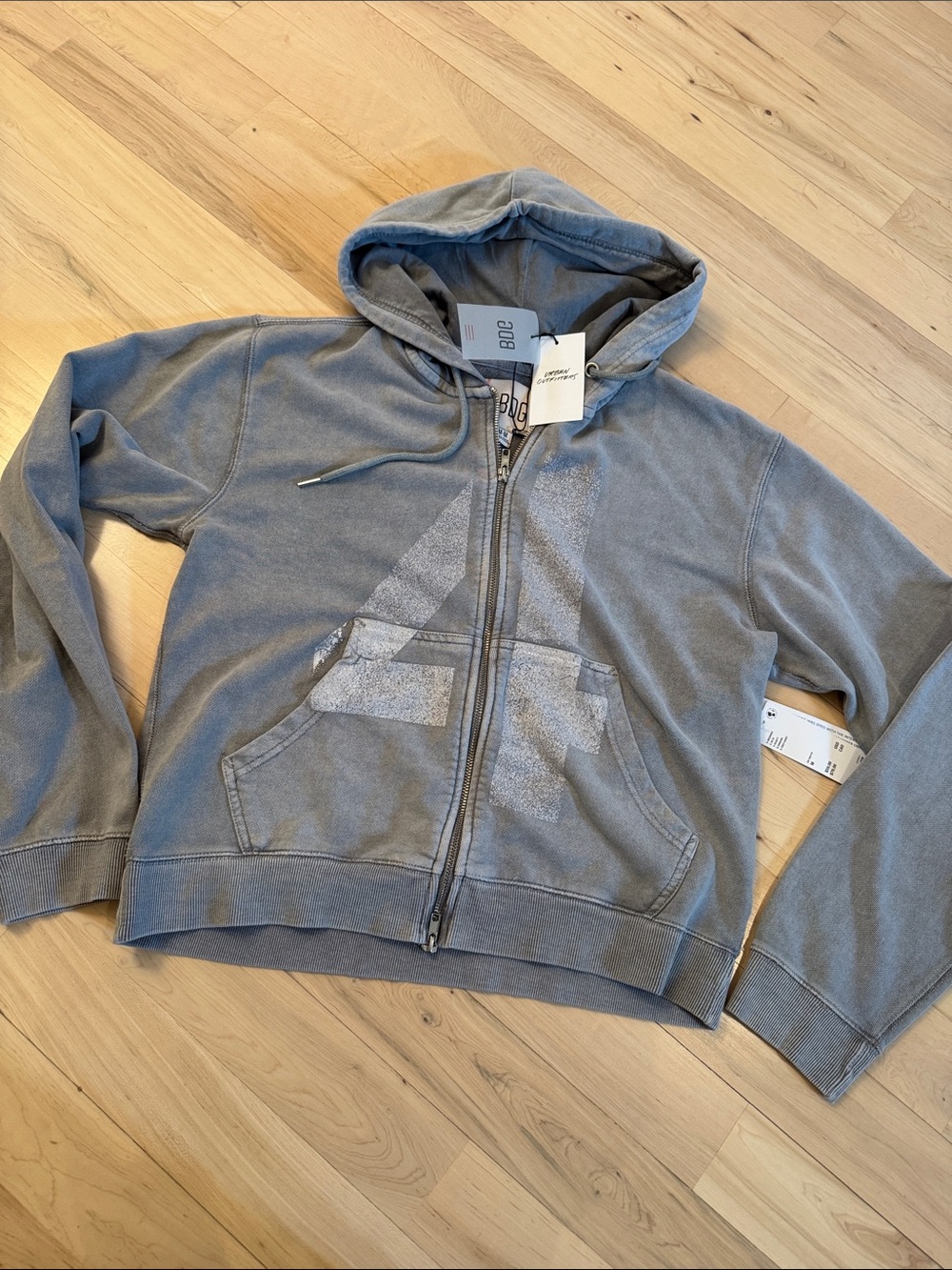 Urban Outfitters-BDG grey zip-up hoodie sweatshirt vintage-wash graphic design-M